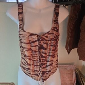 AKIRA Brown Tiger-Print Lace-Up Corset Bodysuit